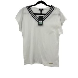 Jones New York Signature White Short Sleeve Woven Vneckline Women's Large NWT